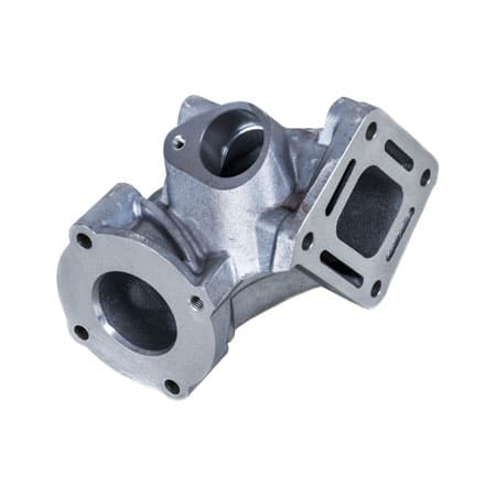A cast alloy exhaust elbow with a bolted flange and open spigot.