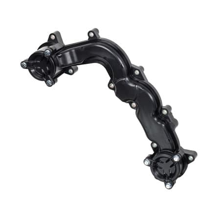 A moulded water pipe assembly, curved between two flanged housings.