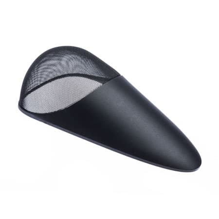 A moulded teardrop speaker pod with a mesh grille set into its face.