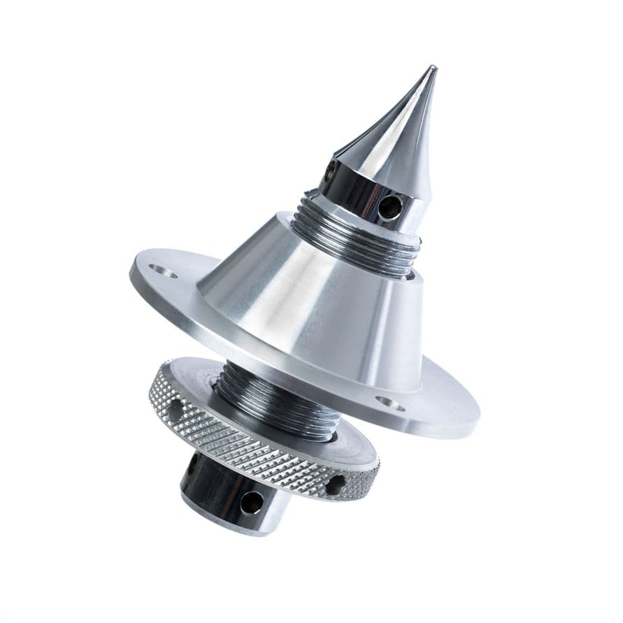 A machined aluminium cone spike with a knurled locking collar.