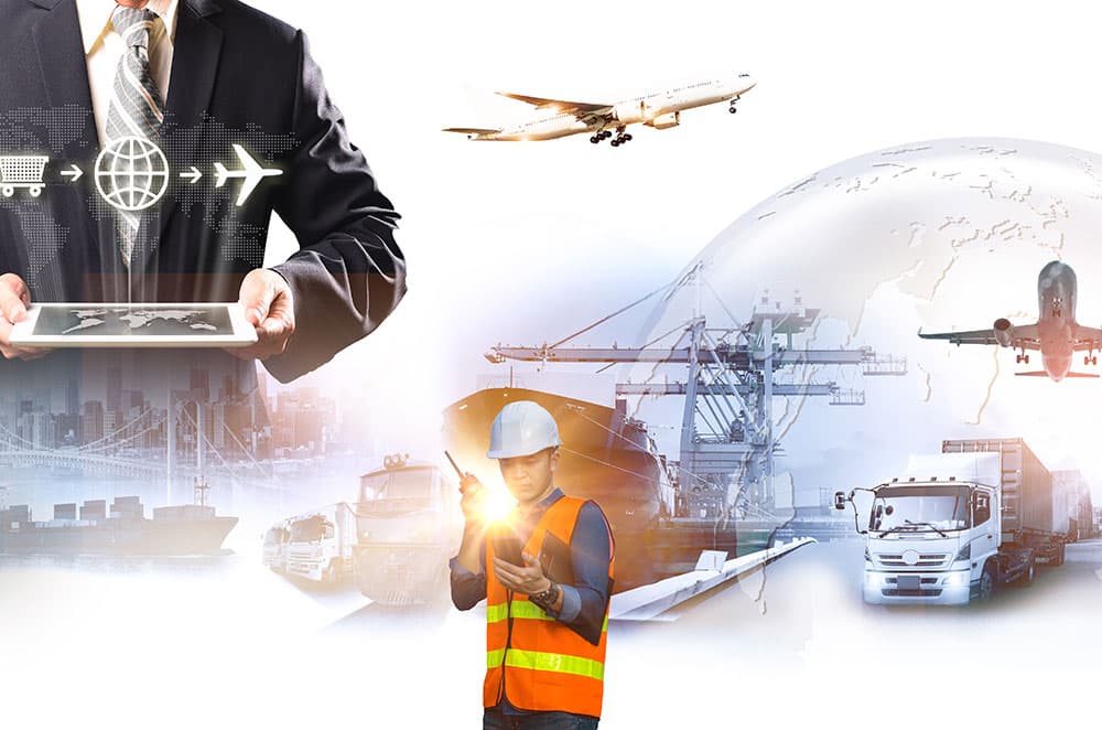 A composite of global logistics: freight aircraft, container ships, port cranes and delivery lorries.