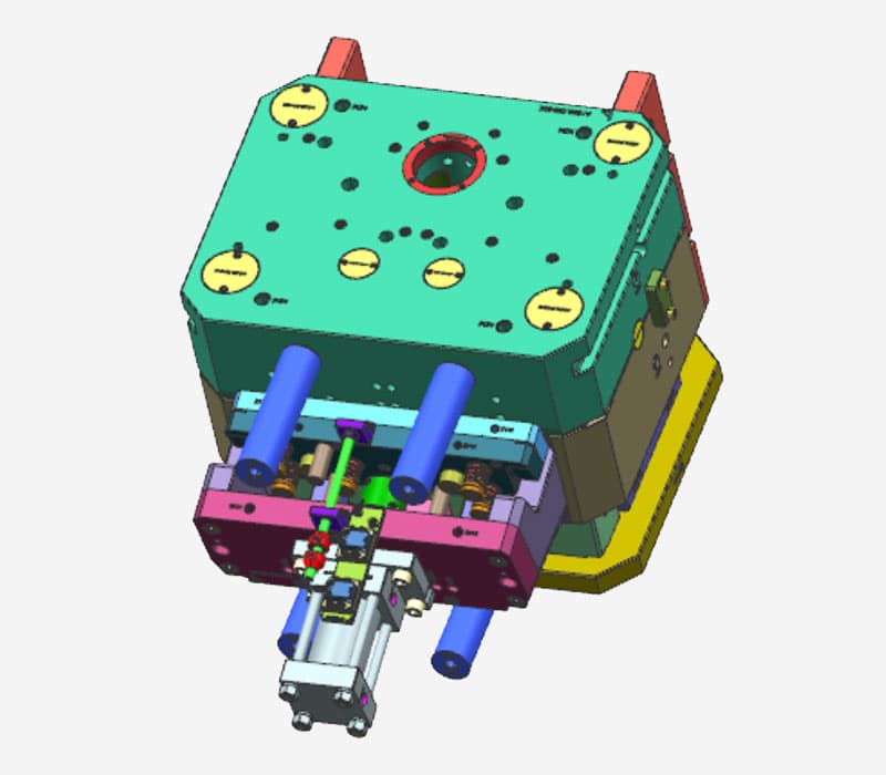 A CAD render of the assembled injection mould tool, showing its guide pillars and actuator.